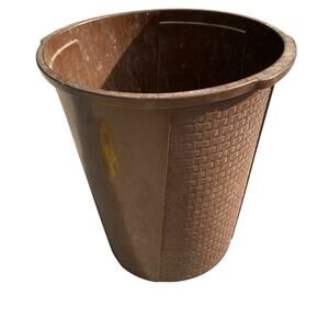 Vintage ? MCM Harvest Brown Faux Wicker Woven Waste Basket Trash Can HLBN